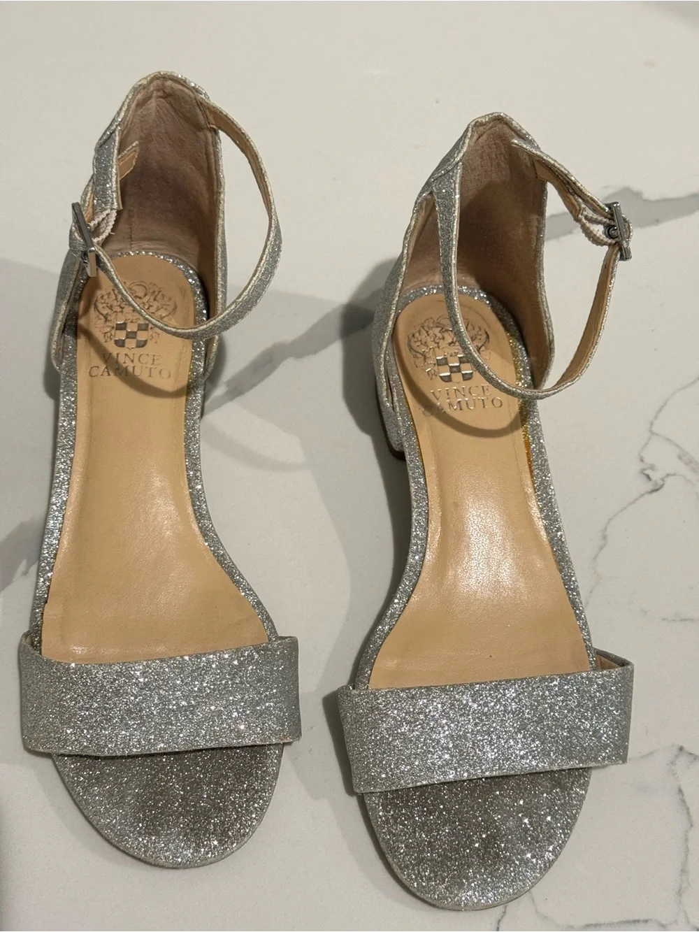 Girls Vince Camuto Silver Glitter Ankle-Strap Block Heel Sandals